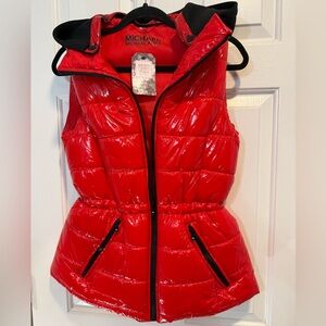 Michael Kors puffer vest Red Shiny detachable Hood- logo front - cinched waist M